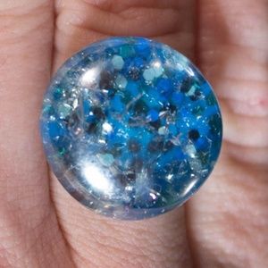 Crackled Glass Marble Cabochon Glitter Ring
